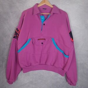 Vntg 90s OBrien Sweatshirt Mens Large Purple Neon Color Block 1/4 Snap Waterskis
